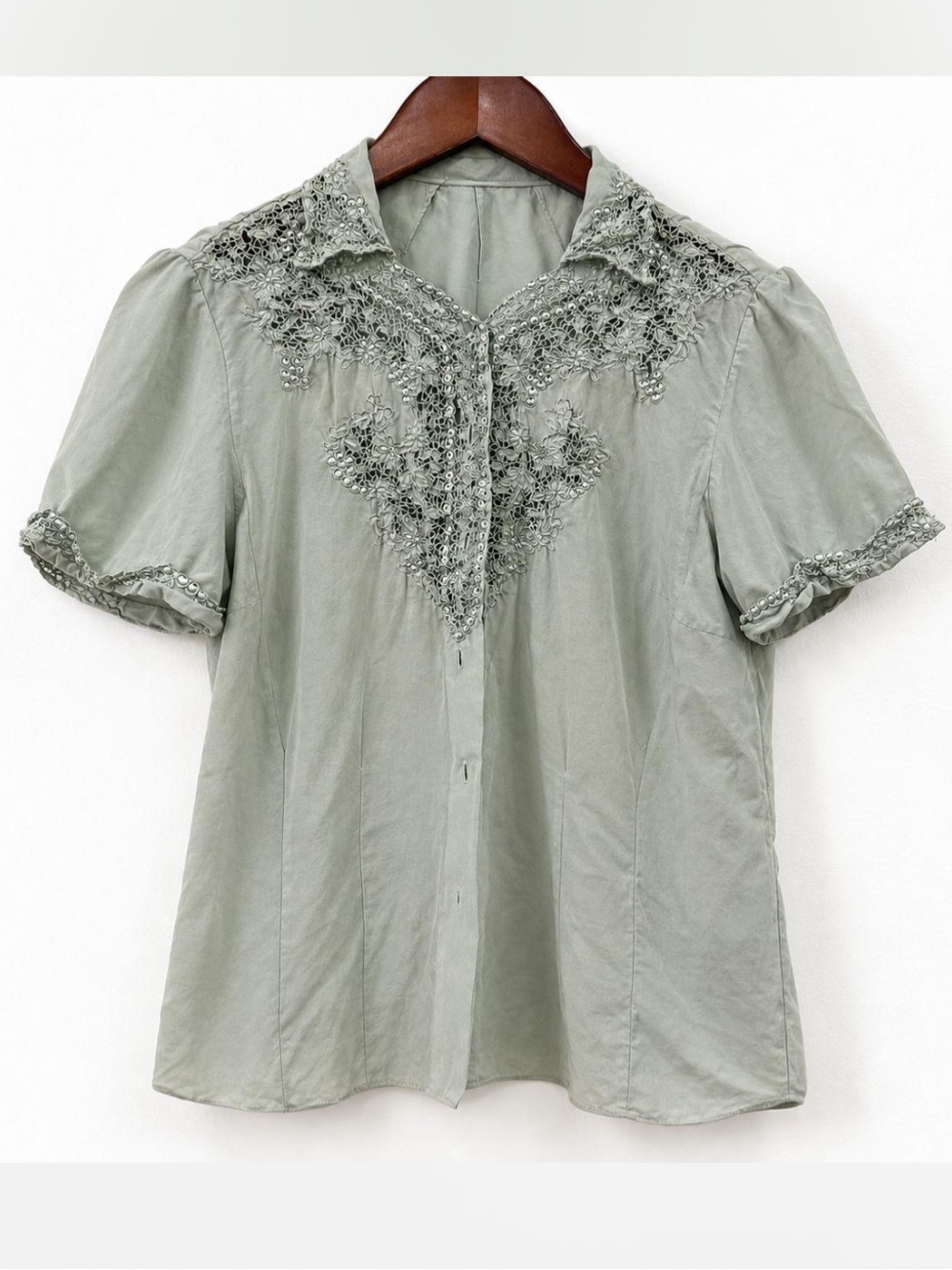 Vintage Sage Green Silk Lace Blouse Size 4 Victorian Edwardian Romantic